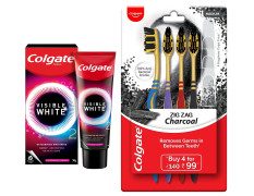 Colgate Visible White O2, Teeth Whitening Toothpaste, Peppermint Sparkle, 50g & Colgate ZigZag Charcoal Medium Bristle Manual Toothbrush for adults- 4 Pcs