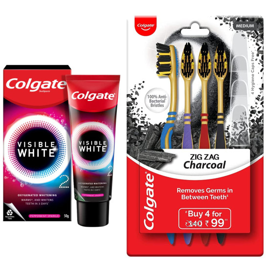 Colgate Visible White O2, Teeth Whitening Toothpaste, Peppermint Sparkle, 50g & Colgate ZigZag Charcoal Medium Bristle Manual Toothbrush for adults- 4 Pcs