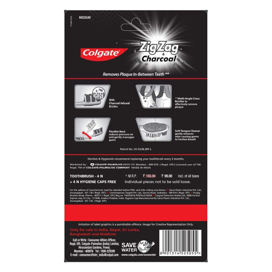 Colgate Visible White O2, Teeth Whitening Toothpaste, Peppermint Sparkle, 50g & Colgate ZigZag Charcoal Medium Bristle Manual Toothbrush for adults- 4 Pcs