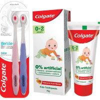 Colgate Gentle UltraFoam Ultra Soft Bristles Manual Toothbrush for adults, 2 Pcs, Multicolor & Colgate Enamel Protection Toothpaste for Kids (0-2 years) - 70g Tube