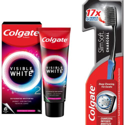 Colgate Visible White O2, Teeth Whitening Toothpaste, Peppermint Sparkle, 50g & Colgate Toothbrush - Slim Soft Charcoal Soft Bristles - 1 Piece