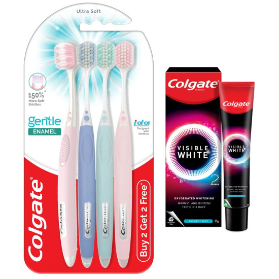 Colgate Gentle Enamel Ultra Soft Bristles Manual Toothbrush for adults, 4 Pcs & Colgate Visible White O2, Teeth Whitening Toothpaste, Aromatic Mint, 25g