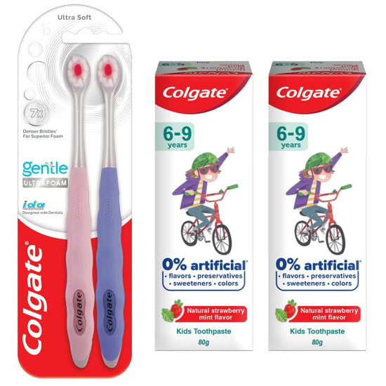 Colgate Kids Anticavity Toothpaste 6-9 Years, 160g (80g x 2), Natural Strawberry Mint Flavour, 0% Artificial & Colgate Gentle UltraFoam Ultra Soft Bristles, 2 Pcs, Multicolor