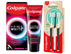 Colgate Visible White O2, Teeth Whitening Toothpaste, Peppermint Sparkle, 50g & Colgate RecyClean Toothbrush, Planet Friendly, Recycled, 3 Pcs