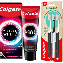 Colgate Visible White O2, Teeth Whitening Toothpaste, Peppermint Sparkle, 50g & Colgate RecyClean Toothbrush, Planet Friendly, Recycled, 3 Pcs