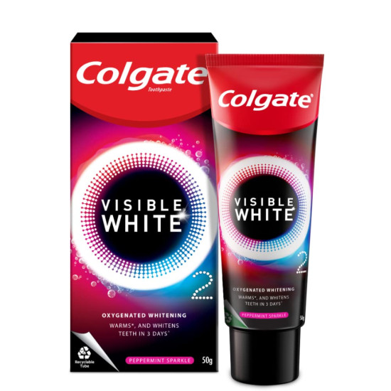 Colgate Visible White O2, Teeth Whitening Toothpaste, Peppermint Sparkle, 50g & Colgate RecyClean Toothbrush, Planet Friendly, Recycled, 3 Pcs