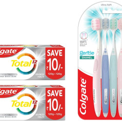 Colgate Total Whole Mouth Health, Antibacterial Toothpaste, 480g (2x240g) Saver Pack, Advanced Health & Colgate Gentle Enamel Ultra Soft Bristles, 4 Pcs (Buy2 Get 2),Multicolor