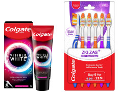 Colgate Visible White O2, Teeth Whitening Toothpaste, Peppermint Sparkle, 50g & Colgate ZigZag Anti-Bacterial Toothbrush - Soft (Pack of 6)