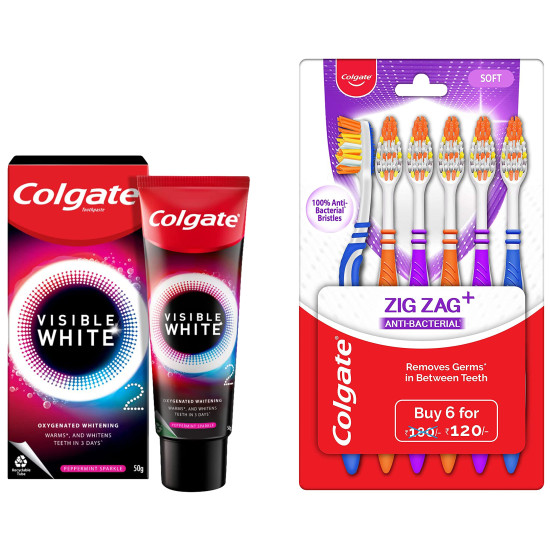 Colgate Visible White O2, Teeth Whitening Toothpaste, Peppermint Sparkle, 50g & Colgate ZigZag Anti-Bacterial Toothbrush - Soft (Pack of 6)