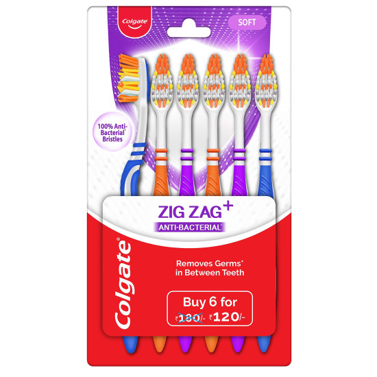 Colgate Visible White O2, Teeth Whitening Toothpaste, Peppermint Sparkle, 50g & Colgate ZigZag Anti-Bacterial Toothbrush - Soft (Pack of 6)