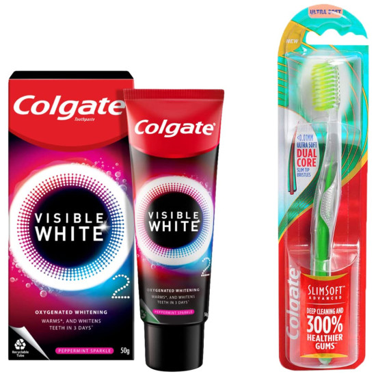 Colgate Visible White O2, Teeth Whitening Toothpaste, Peppermint Sparkle, 50g & Colgate Slim Soft Advanced Toothbrush - 1 Piece (Ultra Soft)