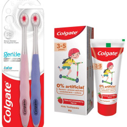 Colgate Gentle UltraFoam Ultra Soft Bristles, 2 Pcs, Multicolor & Colgate Toothpaste for Kids (3-5 years), Natural Strawberry Flavour - 80 gr Tube