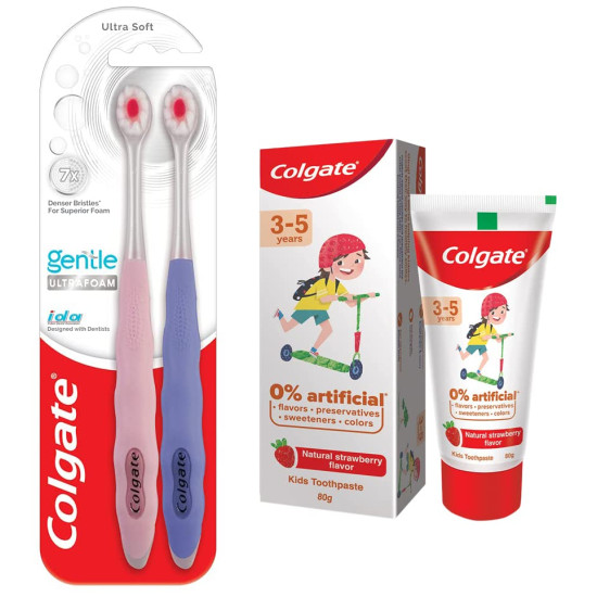 Colgate Gentle UltraFoam Ultra Soft Bristles, 2 Pcs, Multicolor & Colgate Toothpaste for Kids (3-5 years), Natural Strawberry Flavour - 80 gr Tube