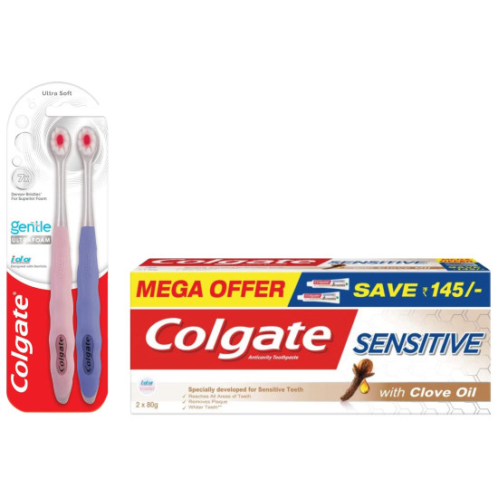 Colgate Gentle UltraFoam Ultra Soft Bristles Manual Toothbrush for adults, 2 Pcs, Multicolor & Colgate Sensitive Toothpaste with Clove Oil, for Sensitivity Relief, 160g, Colgate Gentle UltraFoam Ultra Soft Bristles Manual Toothbrush for adults, 2 Pcs, Multicolor & Colgate Sensitive Toothpaste with Clove Oil, for Sensitivity Relief, 160g,