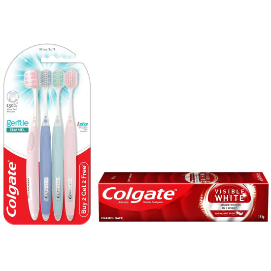 Colgate Gentle Enamel Ultra Soft Bristles Manual Toothbrush for adults, 4 Pcs & Colgate Visible White Teeth Whitening Toothpaste, Protects Enamel, Removes Stains, With Whitening Accelerators, 165g