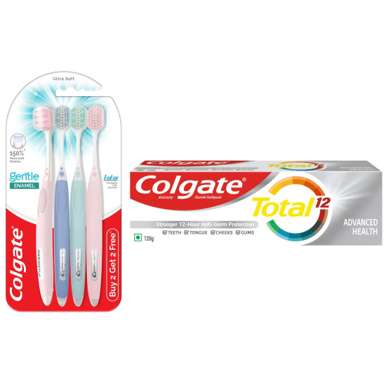 Colgate Gentle Enamel Ultra Soft Bristles Manual Toothbrush for adults, 4 Pcs (Buy2 Get 2), Soft Bristles for Enamel Care,Multicolor & Colgate Total Advanced Health Cavity Protection Toothpaste - 120g