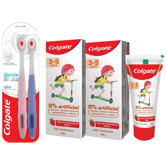 Colgate Kids Anticavity Toothpaste for 3-5 Years, 160g (80g x 2), Natural Strawberry Flavour, 0% Artificial Substances & Colgate Gentle UltraFoam Ultra Soft Bristles, 2 Pcs, Multicolor Colgate Kids Anticavity Toothpaste for 3-5 Years, 160g (80g x 2), Natural Strawberry Flavour, 0% Artificial Substances & Colgate Gentle UltraFoam Ultra Soft Bristles, 2 Pcs, Multicolor