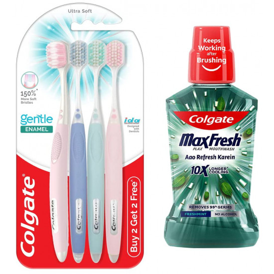 Colgate Gentle Enamel Ultra Soft Bristles Manual Toothbrush for adults, 4 Pcs & Colgate Plax Antibacterial Mouthwash, 24/7 Fresh Breath - 250ml, (Fresh Mint)
