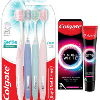 Colgate Gentle Enamel Ultra Soft Bristles Manual Toothbrush for adults, 4 Pcs & Colgate Visible White O2, Teeth Whitening Toothpaste, Peppermint Sparkle, 25g