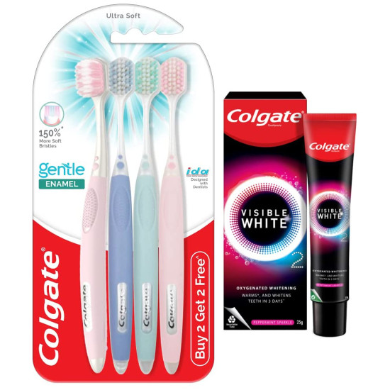 Colgate Gentle Enamel Ultra Soft Bristles Manual Toothbrush for adults, 4 Pcs & Colgate Visible White O2, Teeth Whitening Toothpaste, Peppermint Sparkle, 25g