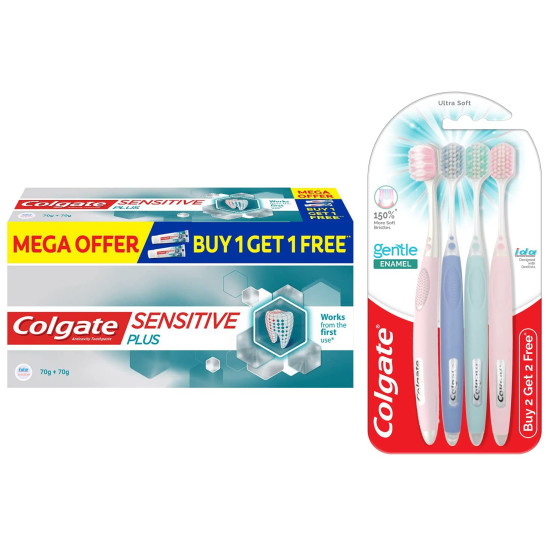 Colgate Gentle Enamel Ultra Soft Bristles Manual Toothbrush for adults, 4 Pcs & Colgate Sensitive Plus Toothpaste, With Pro Argin Formula for Sensitivity Relief, 70gm (Buy 1 Get 1 Free)