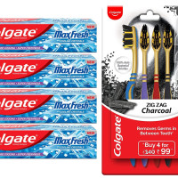 Colgate MaxFresh Breath Freshener Toothpaste, 600g (150g x 4) & Colgate ZigZag Charcoal Medium Bristle Manual Toothbrush for adults- 4 Pcs