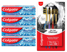 Colgate MaxFresh Breath Freshener Toothpaste, 600g (150g x 4) & Colgate ZigZag Charcoal Medium Bristle Manual Toothbrush for adults- 4 Pcs