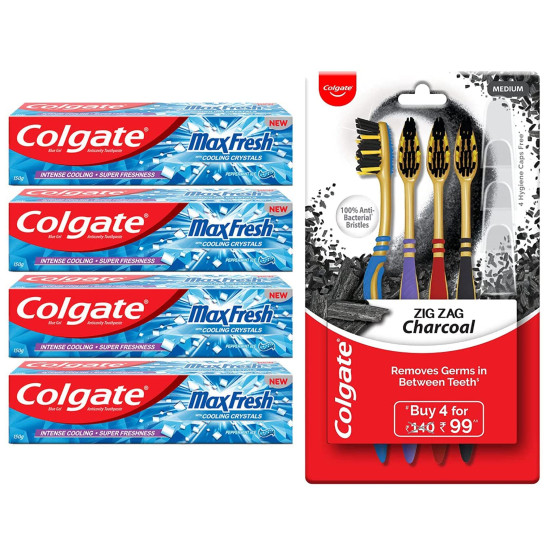 Colgate MaxFresh Breath Freshener Toothpaste, 600g (150g x 4) & Colgate ZigZag Charcoal Medium Bristle Manual Toothbrush for adults- 4 Pcs