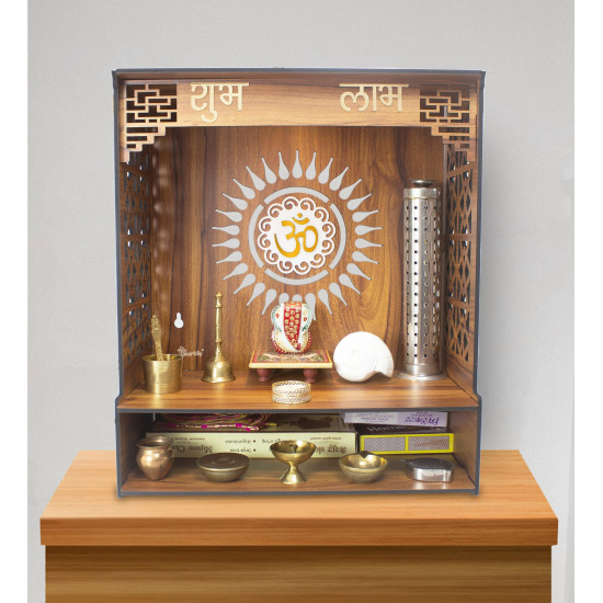 Heartily® PAVITR Beautiful Wooden Pooja Mandir for Home Temple for Home and Office Pooja Stand Modern Puja Mandir for Home Wall with LED Spot Light Size (18, L- 16, W-8.75 Inch)