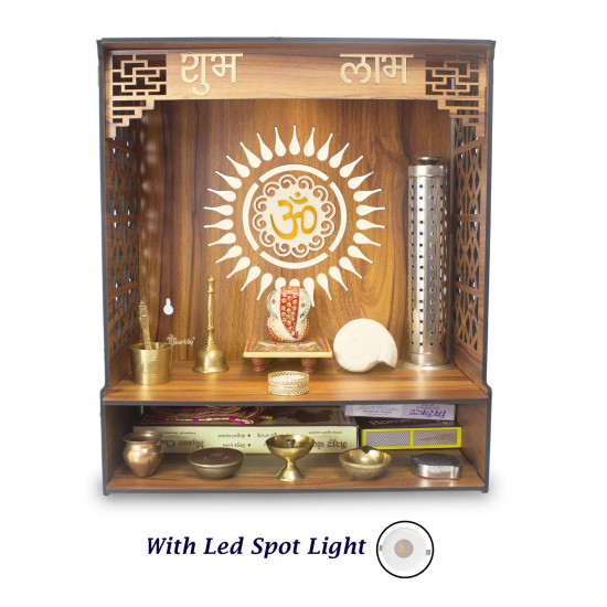 Heartily® Shlok Beautiful Wooden Pooja Mandir for Home or Puja Temple Stand for Office and Shops with Led spot Light (H- 18, L- 16, W-8.75 Inch)