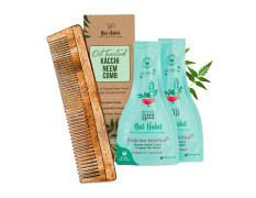Nat Habit - Back to Natural Secrets Everyday Dual Tooth Wooden Kacchi Neem Comb & TriLeaf Hair NutriMask for Growth, Hairfall Control & Smoothening (Combo Pack of 3)
