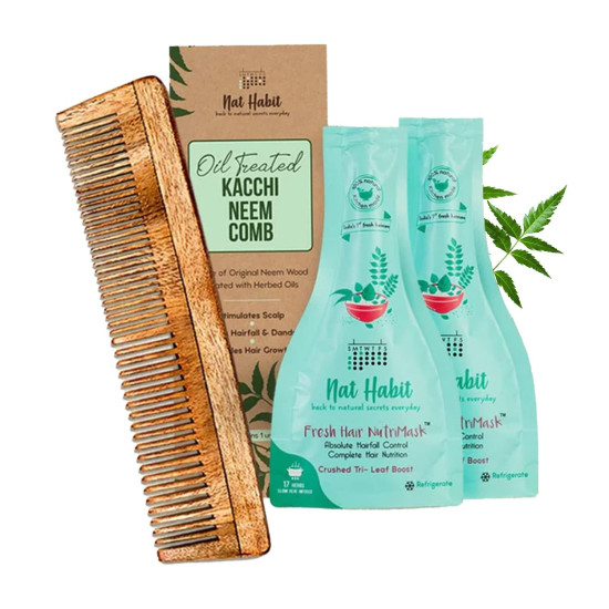 Nat Habit - Back to Natural Secrets Everyday Dual Tooth Wooden Kacchi Neem Comb & TriLeaf Hair NutriMask for Growth, Hairfall Control & Smoothening (Combo Pack of 3) Nat Habit - Back to Natural Secrets Everyday Dual Tooth Wooden Kacchi Neem Comb & TriLeaf Hair NutriMask for Growth, Hairfall Control & Smoothening (Combo Pack of 3)