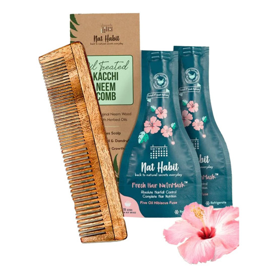 Nat Habit - Back to Natural Secrets Everyday Dual Tooth Wooden Kacchi Neem Comb & Hibiscus Hair NutriMask for Growth, Hairfall Control & Smoothening (Combo Pack of 3)