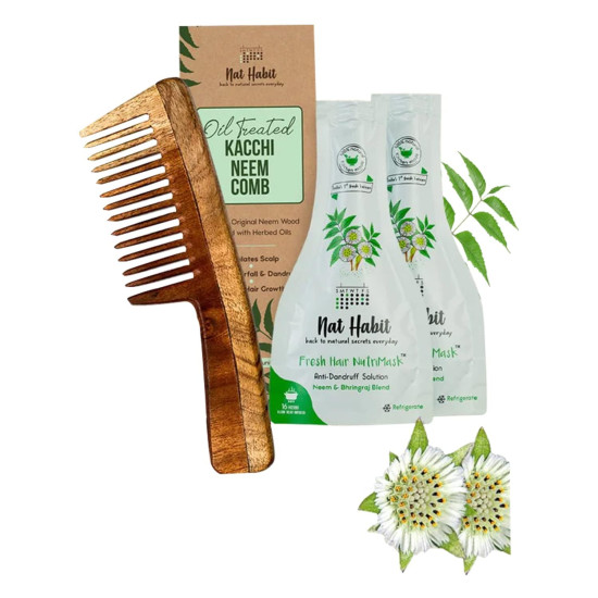 Nat Habit Wide Wooden Kacchi Neem Comb & Neem Bhringraj Hair NutriMask For Hair Growth, Hairfall Control & Hair Smoothening (Combo Pack of 3)
