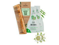 Nat Habit - Back To Natural Secrets Everyday Dual Tooth Wooden Kacchi Neem Comb & Neem Bhringraj Hair NutriMask For Hair Growth, Hairfall Control & Hair Smoothening (Combo Pack of 3)
