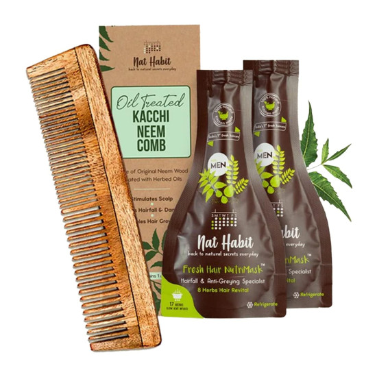 Nat Habit - Back To Natural Secrets Everyday Dual Tooth Wooden Kacchi Neem Comb & Men's Hair NutriMask For Hair Growth, Hairfall Control & Hair Smoothening (Combo Pack of 3)