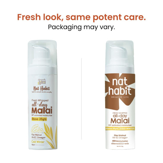 Nat Habit All Day Face Cream, Fresh Whipped Flax Walnut Face Malai With Vitamins E, C & Omega+ For Cold Winter Weather Face Moisturization for upto 48H Deep Winter Moisture (Ages 35+) - 30g