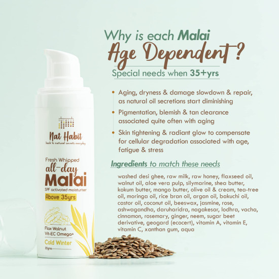 Nat Habit All Day Face Cream, Fresh Whipped Flax Walnut Face Malai With Vitamins E, C & Omega+ For Cold Winter Weather Face Moisturization for upto 48H Deep Winter Moisture (Ages 35+) - 30g