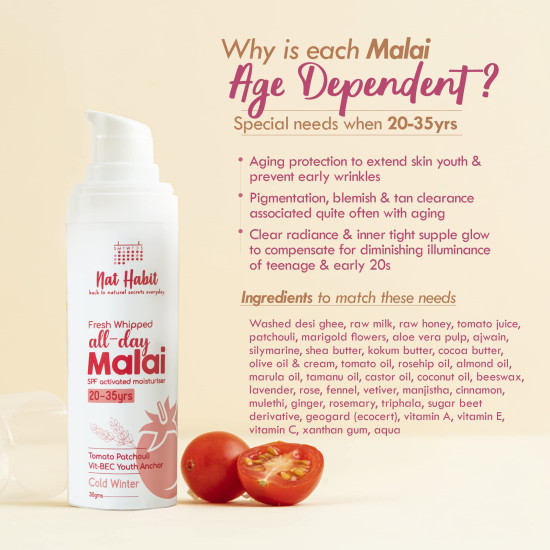 Nat Habit Fresh Whipped Tomato Patchouli Vit-B E C Youth Anchor All Day Face Malai Cream For Cold Winter Weather, Whipped With Raw Milk & Washed Ghee (20-35 Years) 30g Nat Habit Fresh Whipped Tomato Patchouli Vit-B E C Youth Anchor All Day Face Malai Cream For Cold Winter Weather, Whipped With Raw Milk & Washed Ghee (20-35 Years) 30g