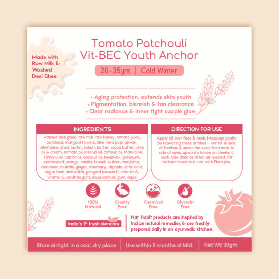 Nat Habit Fresh Whipped Tomato Patchouli Vit-B E C Youth Anchor All Day Face Malai Cream For Cold Winter Weather, Whipped With Raw Milk & Washed Ghee (20-35 Years) 30g Nat Habit Fresh Whipped Tomato Patchouli Vit-B E C Youth Anchor All Day Face Malai Cream For Cold Winter Weather, Whipped With Raw Milk & Washed Ghee (20-35 Years) 30g