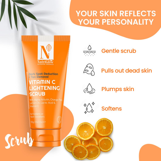 Nutriglow Advanced Organics Vitamin C Lightening Scrub for Exfoliation, Acne Control with Orange Peel Scrub (100 g)