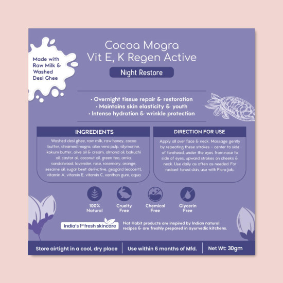 Nat Habit Coco Mogra Night Face Malai Cream, Ayurvedic Anti-Aging Formula with Vitamin E Enriched Cocoa for Radiant Skin and Restoration Overnight-30 gm