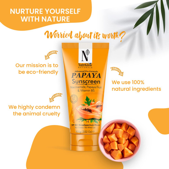 NutriGlow NATURAL'S Advanced Pro Formula Papaya Sunscreen SPF 50, PA+++ No White Cast, Non-Greasy, with Broad Spectrum, UV A & UV B Blue Light Protection, for Men & Women Suitable for Oily, Dry, Sensitive & Combination Skin (100 g)