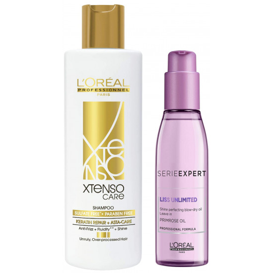 L'Oréal Professionnel Xtenso Care Sulfate-free* Shampoo 250 ml, For All Hair Types & L'Oréal Professionnel Serie Expert Liss Unlimited Blow Dry Serum 125 Ml, For Frizz-Free Hair