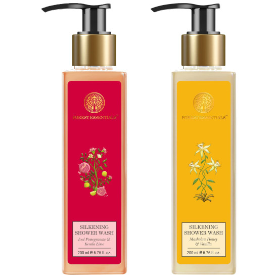 Forest Essentials Silkening Shower Wash Iced Pomegranate & Kerala Lime & Forest essentials Silkening Shower Wash Mashobra Honey & Vanilla|Lightly Scented & SLS-Free| Body Wash For Men And Women