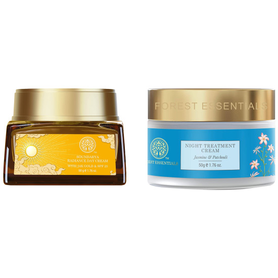 Forest Essentials Soundarya Radiance Cream With 24K Gold & SPF 25& Forest Essentials Night Treatment Cream Jasmine & Patchouli|For Combination To Oily Skin|Unisex Night Cream|50 g