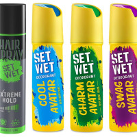Set Wet Deodorant Spray Perfume for Men, 150ml (Cool, Charm and Swag Avatar Pack of 3) & Set Wet Hair Spray for Men Extreme Hold 200ml