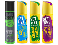 Set Wet Deodorant Spray Perfume for Men, 150ml (Cool, Charm and Swag Avatar Pack of 3) & Set Wet Hair Spray for Men Extreme Hold 200ml