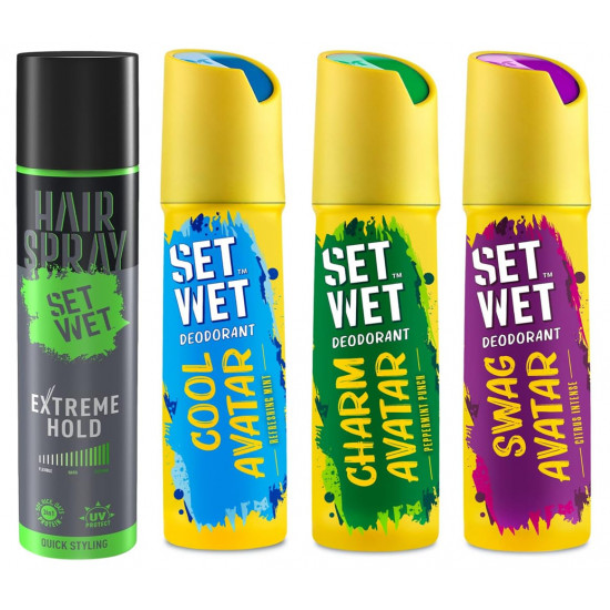 Set Wet Deodorant Spray Perfume for Men, 150ml (Cool, Charm and Swag Avatar Pack of 3) & Set Wet Hair Spray for Men Extreme Hold 200ml