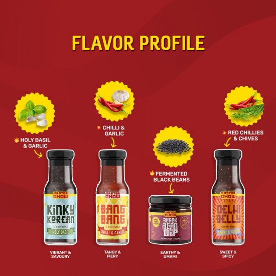 MasterChow Flavour Power Sauce Combo: Chilli Garlic Sauce, Holy Basil Sauce, Sweet & Spicy Sauce and Black Bean Dip | 3 Cooking Sauce & 1 Black Bean Dip